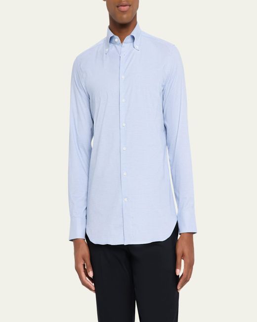 Bergdorf Goodman Blue Cotton Micro-Check Button-Collar Sport Shirt for men