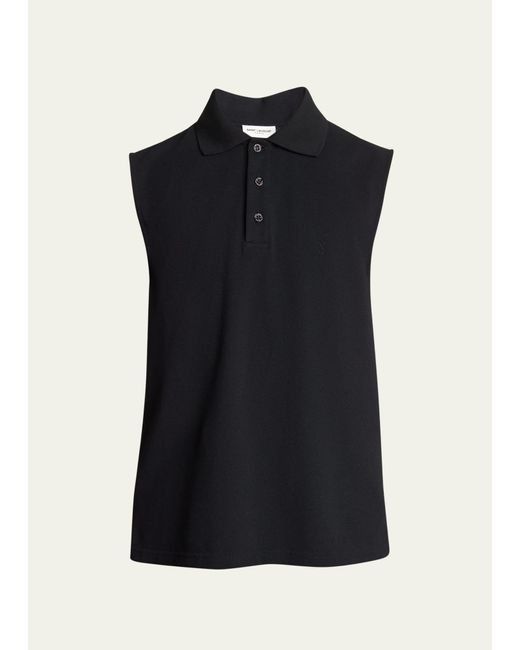 Saint Laurent Black Sleeveless Pique Polo Shirt for men