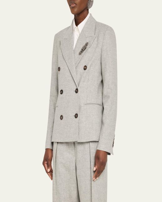 Brunello Cucinelli Natural Cashmere-Wool Flannel Double-Breasted Blazer