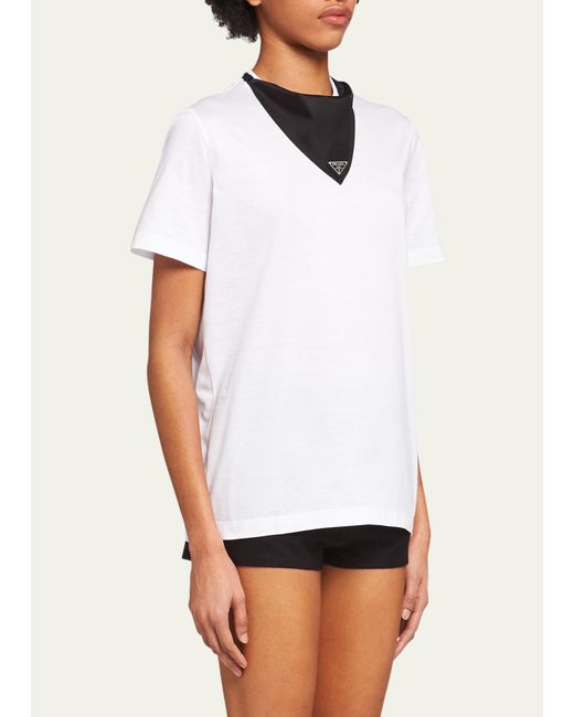Prada White Jersey T-shirt W/ Re-nylon Scarf