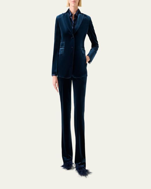 Akris Blue Carl Techno Velvet Stretch Straight-Leg Pants