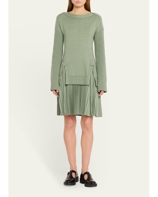 ADEAM Green Melissa Knit Dress With Pleated Skirt