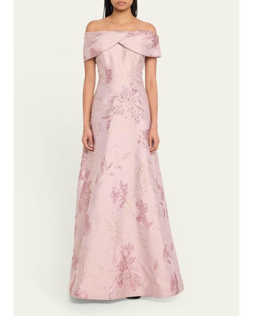Teri Jon Pink Off-shoulder Metallic Floral Jacquard Gown