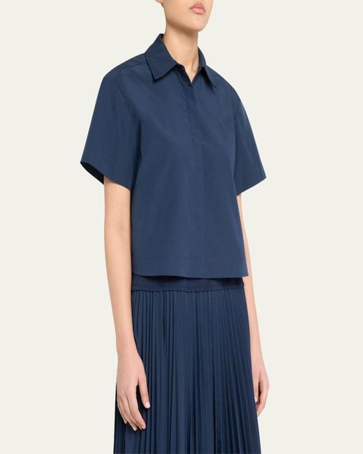 Jonathan Simkhai Blue Bernie Pleated Short-Sleeve Shirt