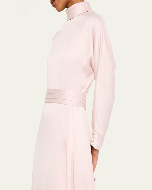 Teri Jon Pink Mock-Neck Crepe Back Satin Gown