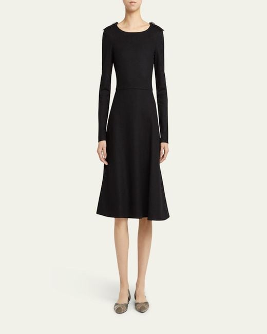 Giorgio Armani Black Shoulder-Epaulet Long-Sleeve Jersey Wool Midi Dress