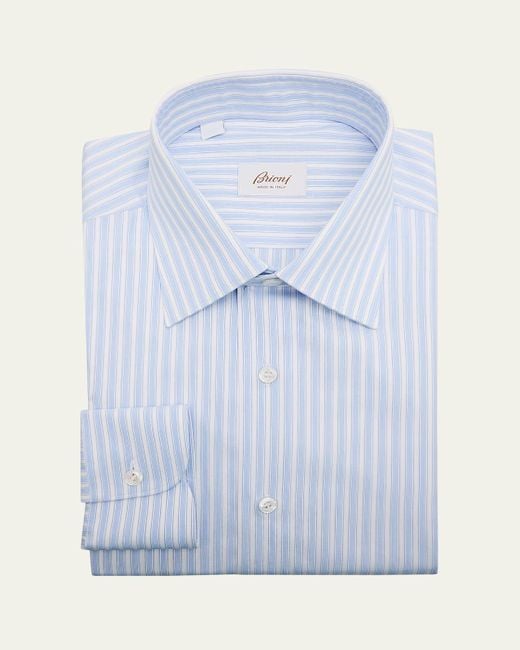 Brioni Blue Textured Cotton Stripe Point-Collar Dress Shirt for men