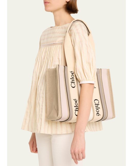 Chloé Natural X High Summer Woody Medium Tote Bag In Striped Linen And Leather