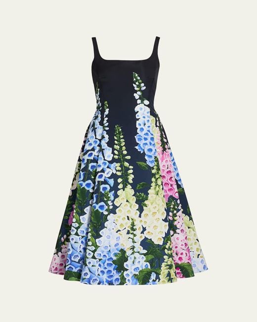 Oscar de la Renta Blue Multi Foxglove Degrade Printed Faille Midi Cocktail Dress