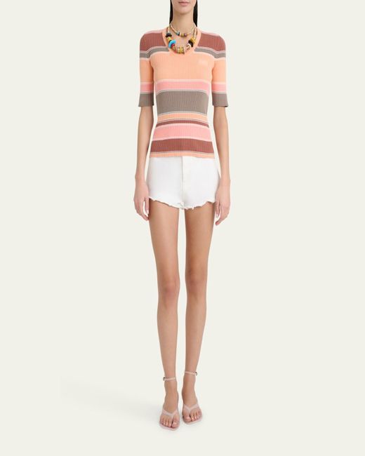 Chloé Pink Striped Crewneck Rib Knit Cotton Top