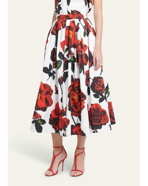 Alexander McQueen Red Rose-print Pleated Midi Skirt