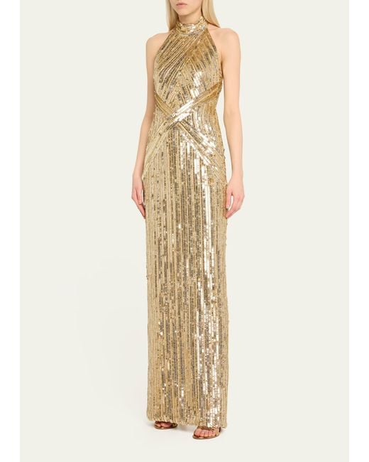 Pamella Roland Natural Sequined Halter Backless Column Gown