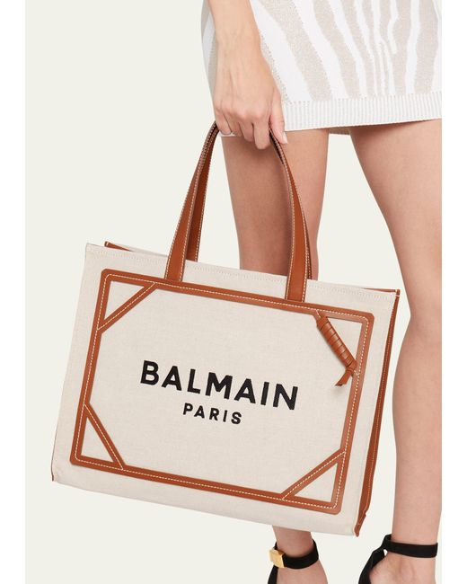 Balmain Natural B Army Medium Shopper Tote Bag In Canvas With Leather Handles