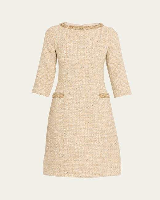 Teri Jon Metallic Boucle Jewel-Trim A-Line Dress in Natural | Lyst Teri Jon Metallic Boucle Jewel-Trim A-Line Dress in Natural | Lyst