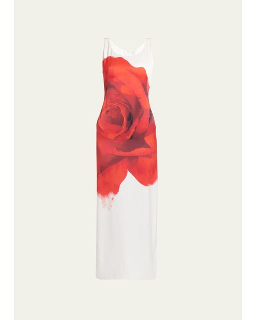 Alexander McQueen Red Long Bleeding Rose Print Silk Dress