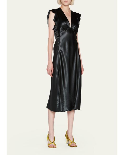 Bottega Veneta Black Frill-trim Satin Midi Dress