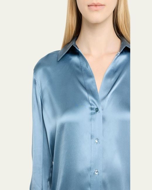 L'Agence Blue Dani Silk Satin 3/4-Sleeve Button-Down Blouse
