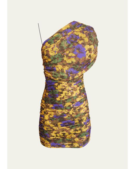 Saint Laurent Multicolor One-shoulder Ruched Floral-print Mini Dress