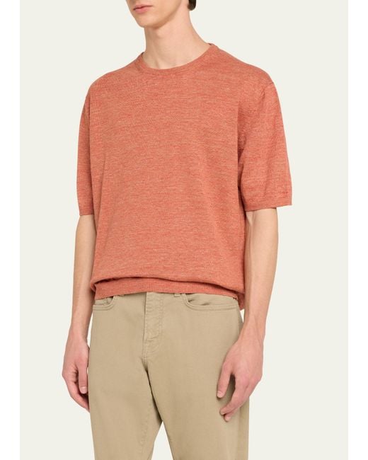 Baldassari Orange Linen Melange Crewneck T-shirt for men