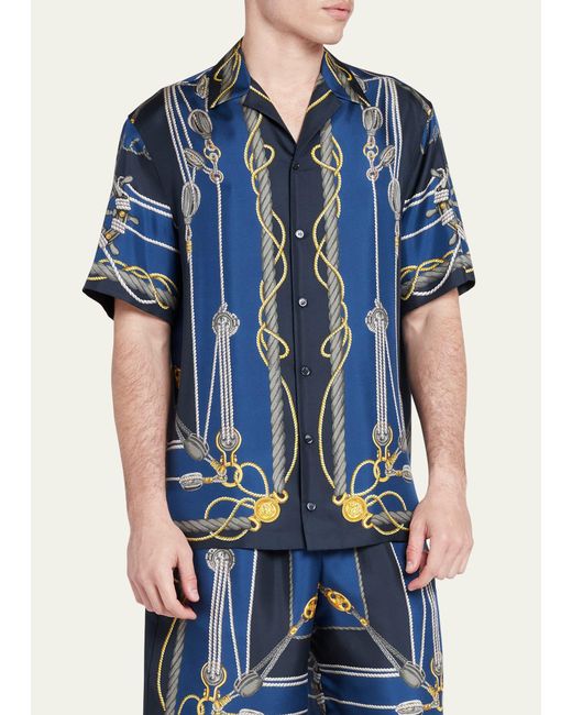 Versace Blue Nautical-print Silk Short-sleeve Shirt for men