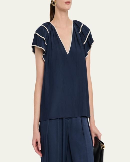 Ramy Brook Blue Jordan Tiered Ruffle-Sleeve Blouse