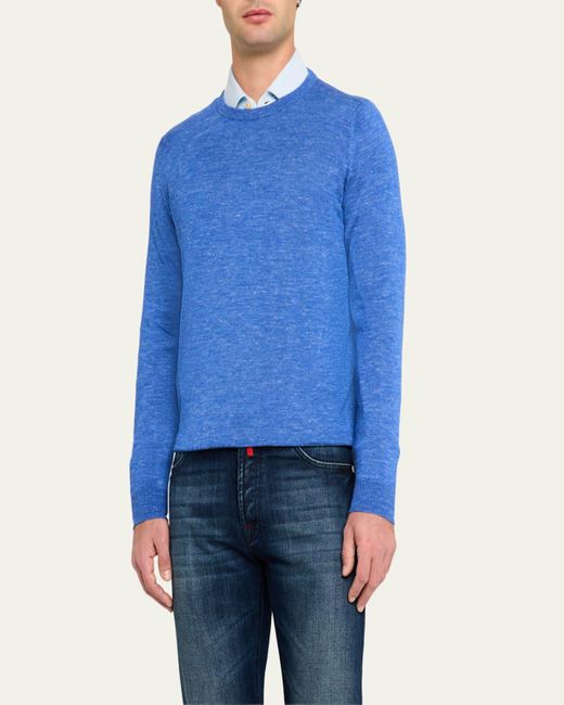 Kiton Blue Cashmere And Linen Crewneck Sweater for men