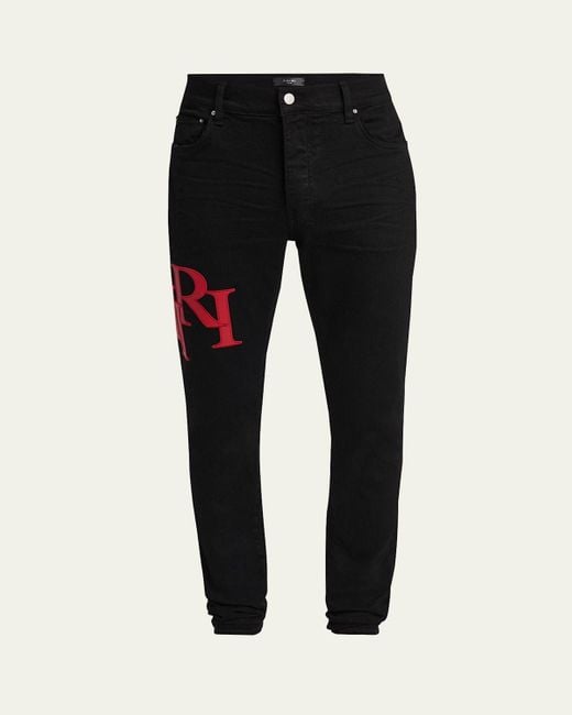 Amiri Men's Black Staggered Leather Logo Skinny Jeans