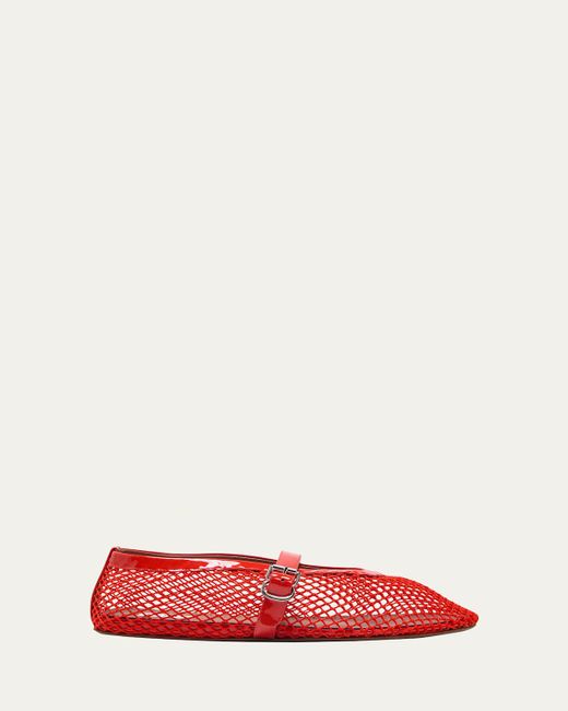 Alaïa Red Orange Fishnet Mary Jane Flats