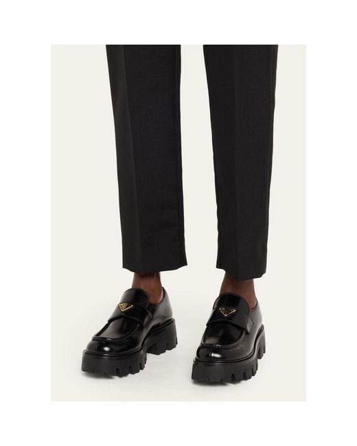 Prada Black Platform Leather Triangle Logo Loafers