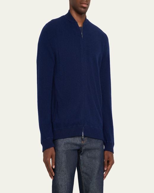 Bergdorf Goodman Blue Wool Full-Zip Baseball-Collar Sweater for men
