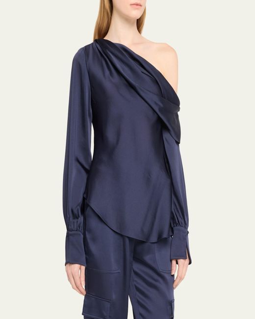 Jonathan Simkhai Blue Alice Draped Satin One-Shoulder Top