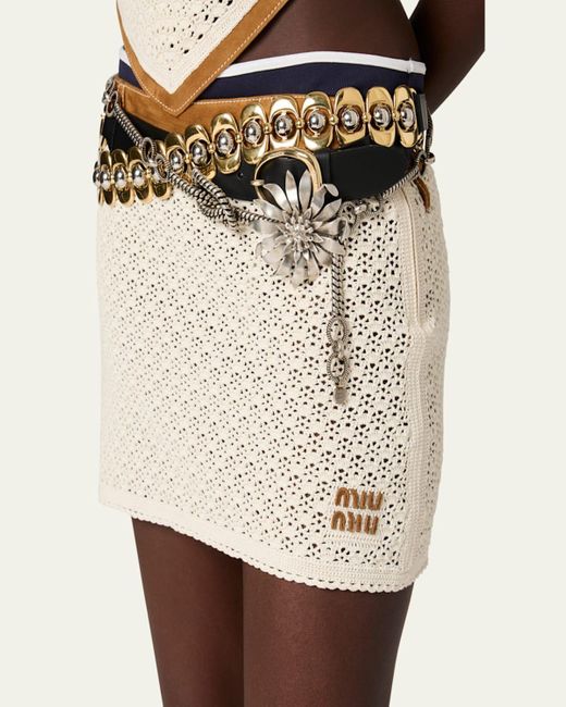 Miu Miu Natural Cotton Crochet Pelle Mini Skirt