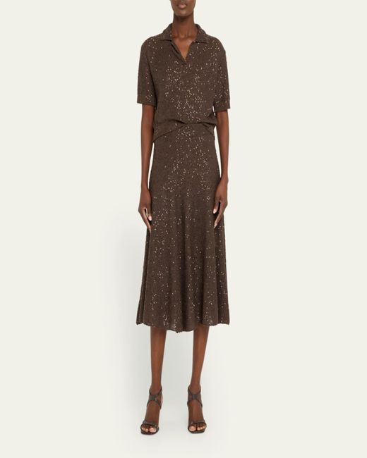 Brunello Cucinelli Natural Sequined Cashmere Midi Skirt