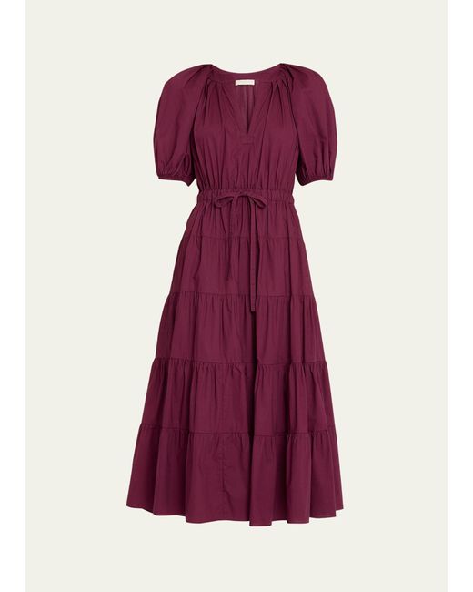 Ulla Johnson Purple Olina Puff-sleeve Tiered Cotton Poplin Midi Dress
