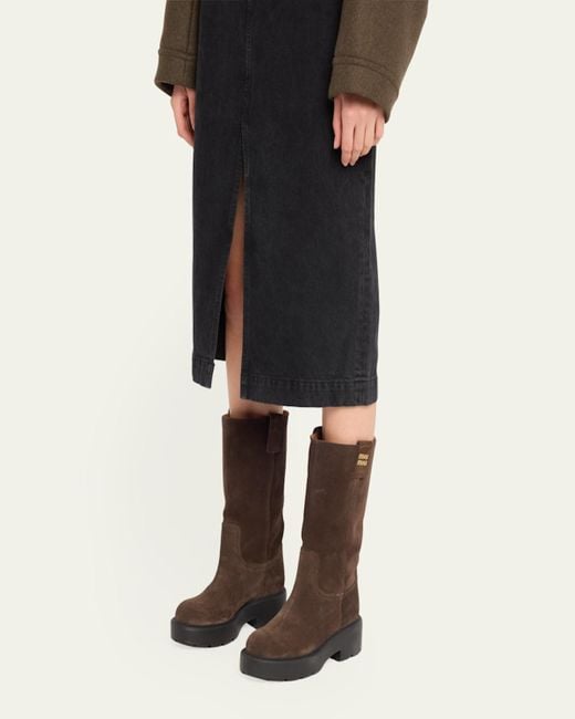 Miu Miu Suede Tall Moto Boots in Brown | Lyst