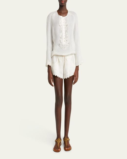Isabel Marant Natural Lola Ladder Stitch Scallop Drawstring Shorts