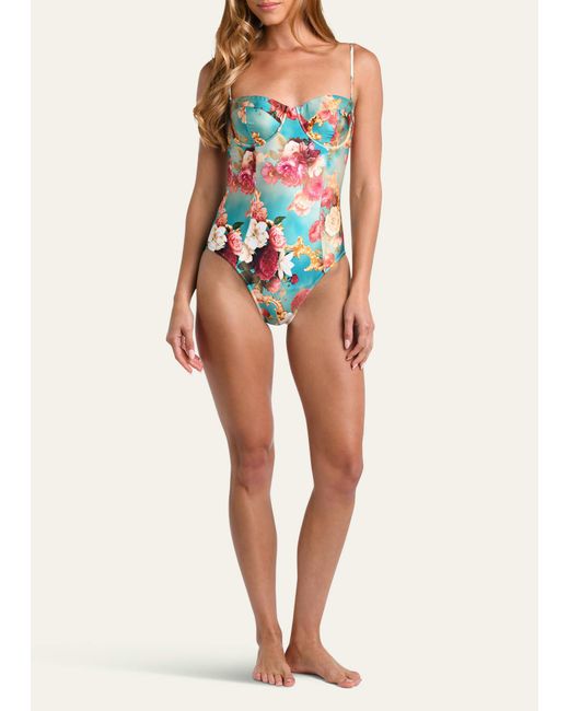 L'Agence White Amie Roses Underwire Bandeau One-piece Swimsuit
