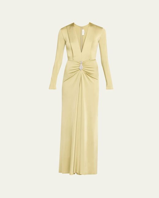 Victoria Beckham Yellow Plunging Gathered Crystal Long-Sleeve Gown