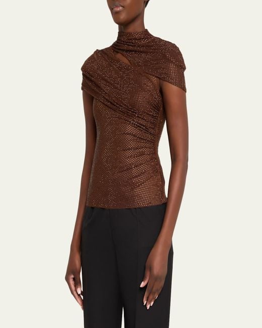 Self-Portrait Brown Rhinestone Cutout Mesh Top