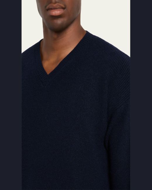 Bergdorf Goodman Blue Cashmere And Wool Rib V-Neck Sweater for men