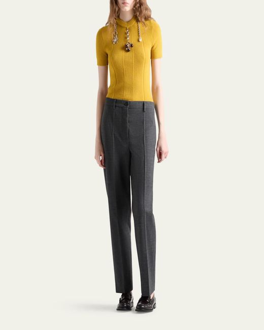 Prada Yellow Chain Embroidered Wool Knit Short-Sleeve Sweater