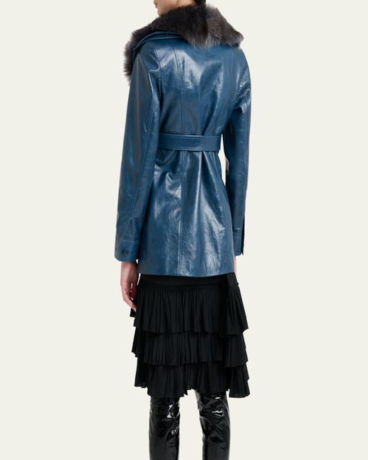 Chloé Blue Lamb Shearling Collar Shiny Leather Short Wrap Coat