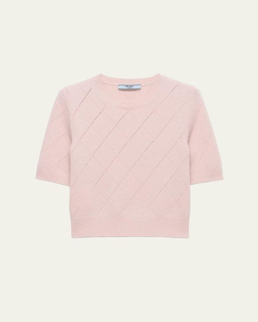 Prada Pink Cashmere Argyle Pointelle Knit Short-Sleeve Sweater