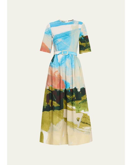 Oscar de la Renta Blue Abstract Landscape Print Flared Midi Dress With Removable Belt