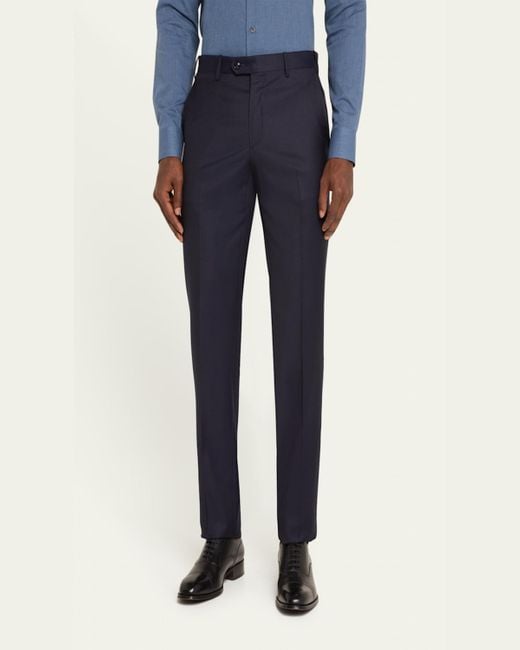 Giorgio Armani Blue Solid Wool Flat-Front Trousers for men