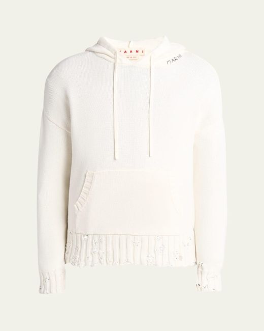 Marni White Distressed Knit Logo Hoodie for men