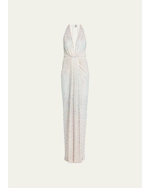 Jenny Packham Natural Zooey Halter Sequined Column Gown