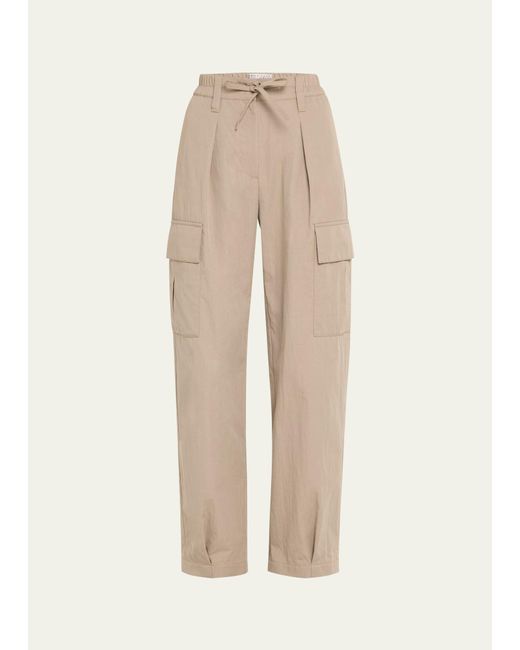 Brunello Cucinelli Natural Lightly Wrinkled Cotton Cargo Pants With Drawstring Waist