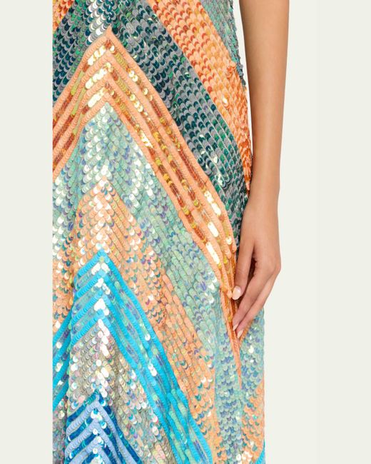 Christopher John Rogers Blue Chevron Sequined Bias Strapless Maxi Dress