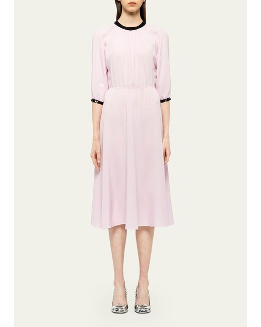 Prada Pink Pleated Crepe Midi Dress W/ Contrast Sequined Trim